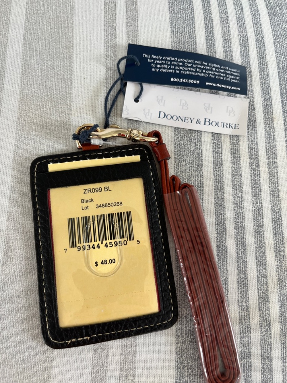 Dooney & Bourke Black Leather ID Badge Holder with Brown Strap and Gold Hardware